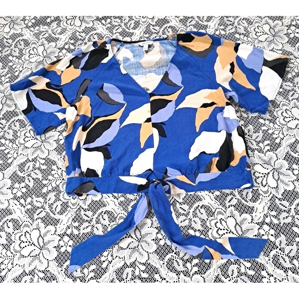 Nine West Popover Top L Blue Floral Linen Blend Waist Tie V-neck Elastic Artsy‎